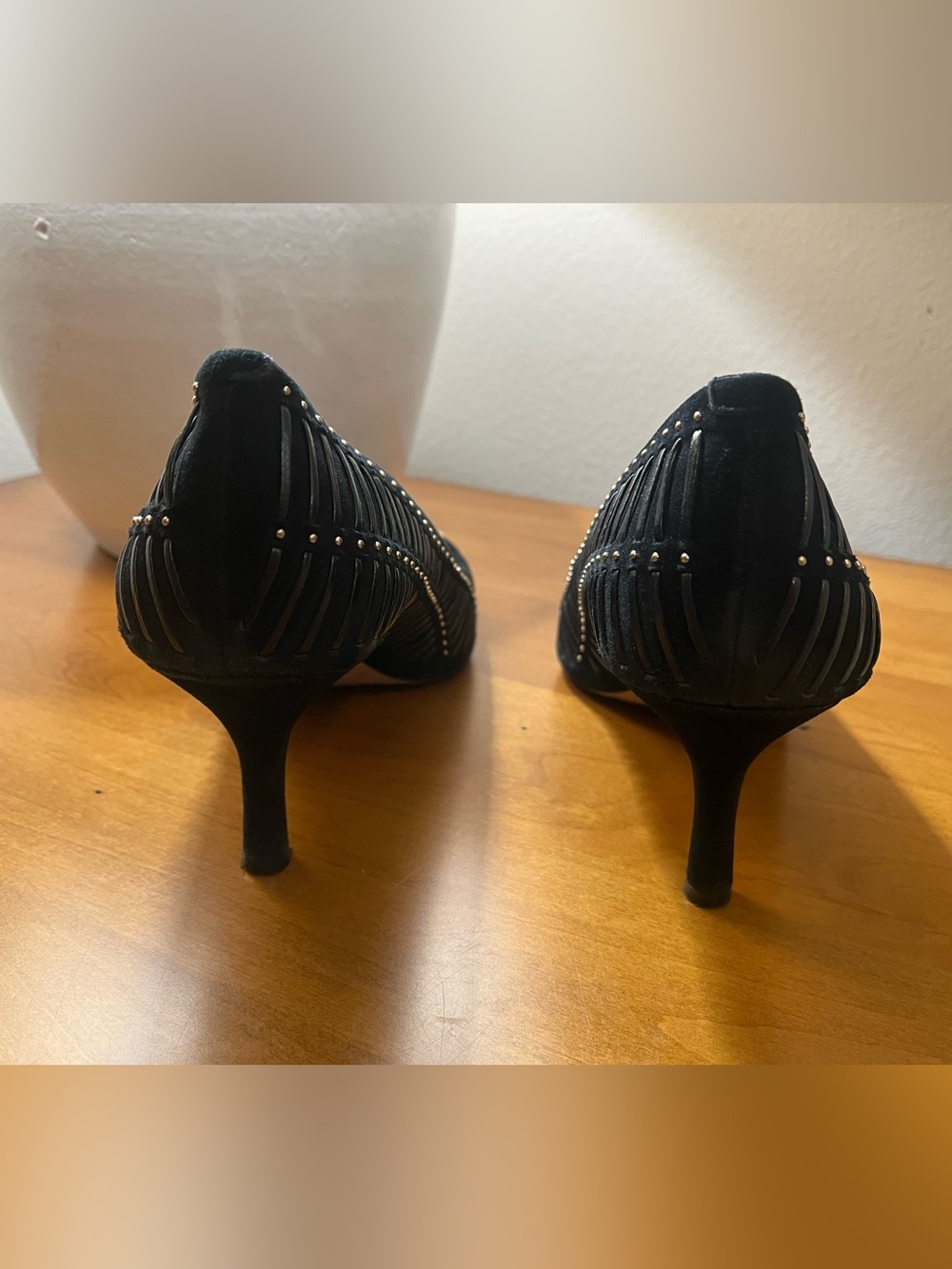 Vince Camuto Black Suede Studded Pointed-Toe 2” Heels Contemporary Edgy Chic - Picture 3 of 8